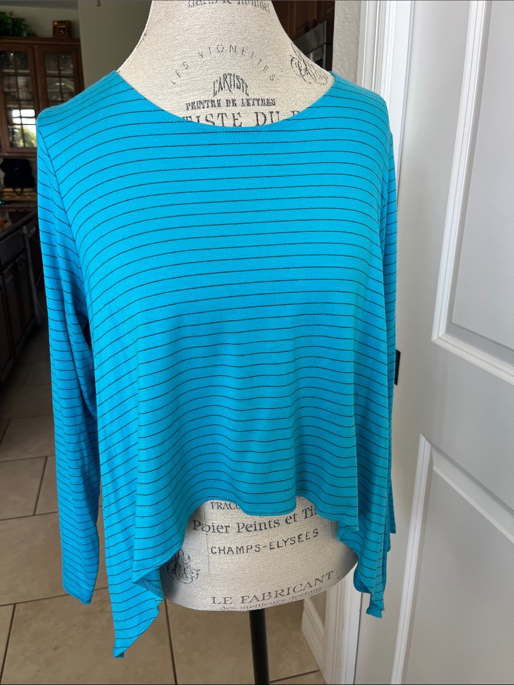 NWT Comfy USA turquoise blue long sleeve top black pin stripes Medium